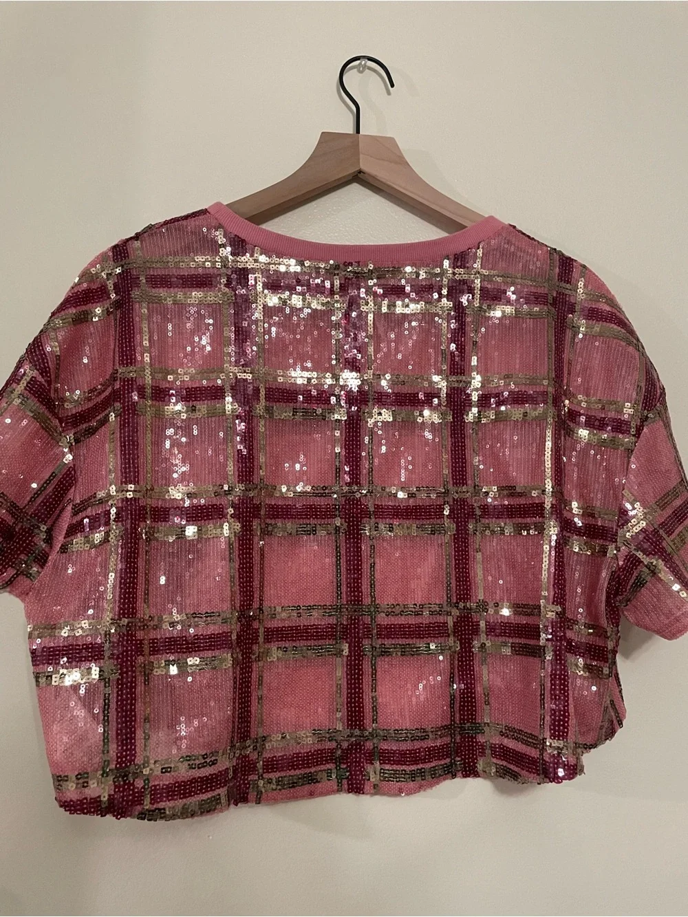 Free People Pink Plaid Sequin Cropped Top